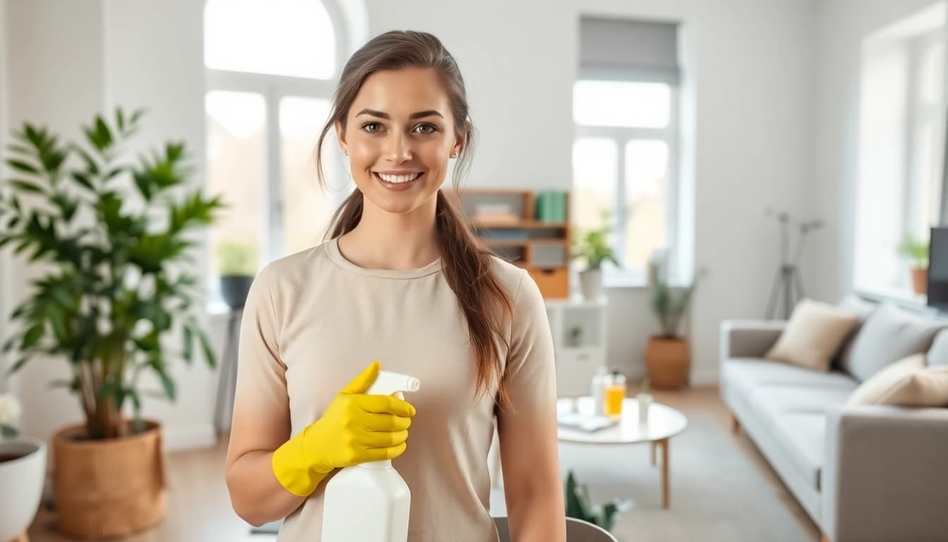 Vad kostar hemstädning: Professionell städare i modernt hem med naturligt ljus.
