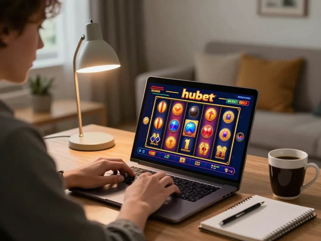 Player enjoying hubet online casino gaming experience at home, laptop displaying vibrant slot machine.