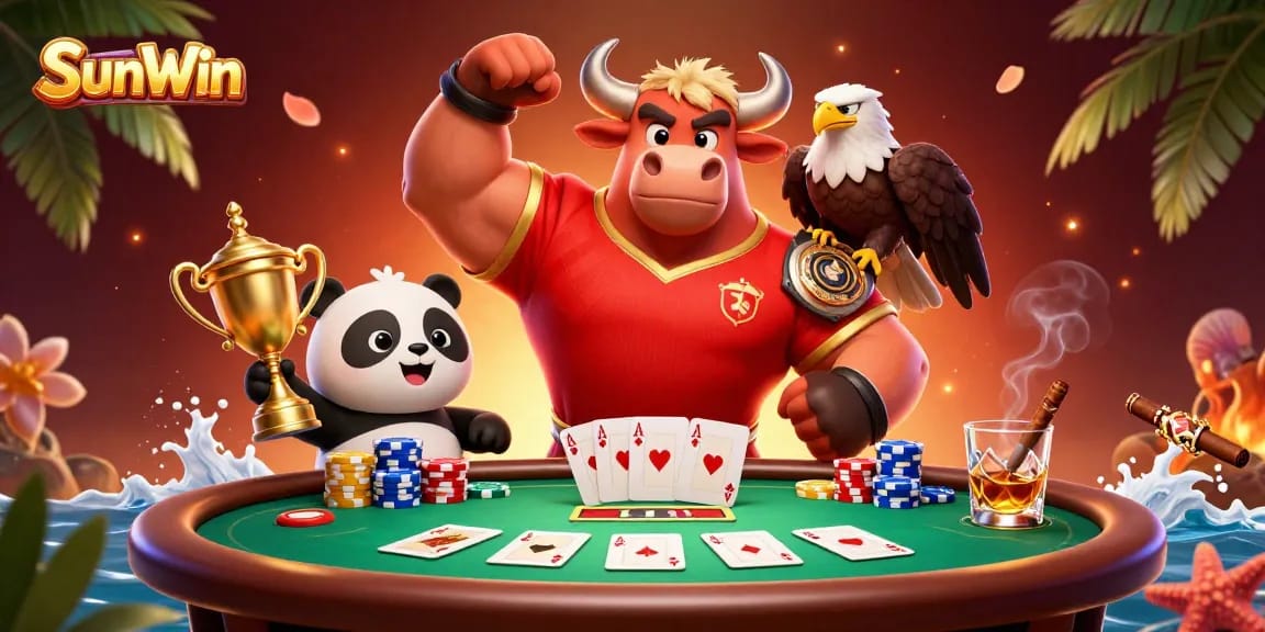 SunWin offers thrilling poker experiences with a vibrant mascot scene and colorful elements.