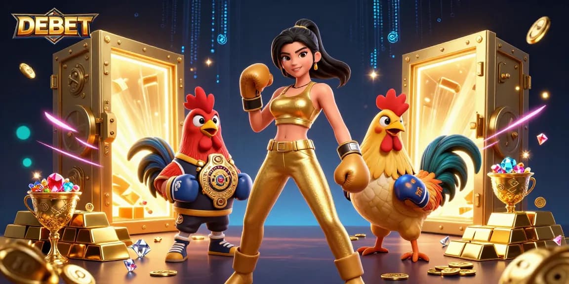 Engage in the thrilling world of DEBET with a powerful boxer and a championship rooster in a dynamic casino setting.