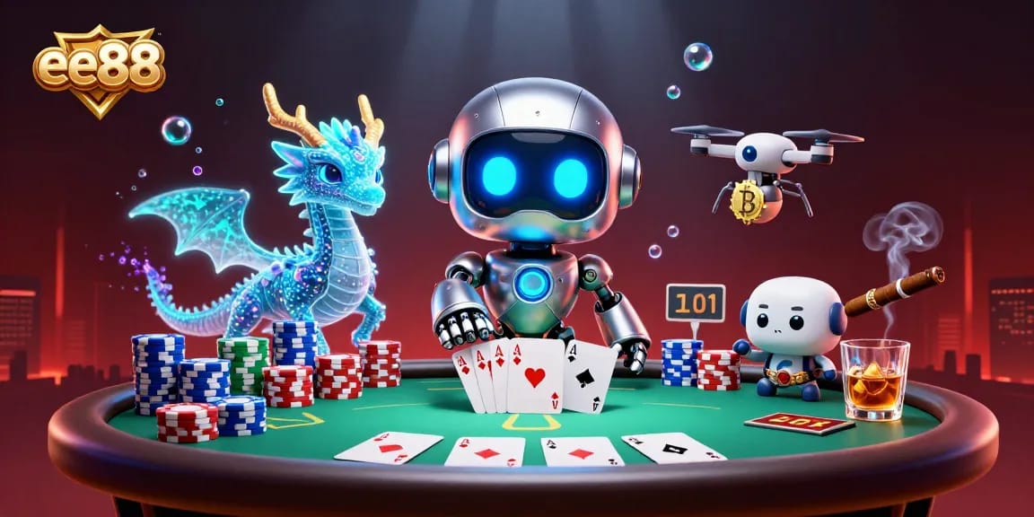 Play poker with ee88's futuristic casino characters, featuring a robot mascot and AI dragon.