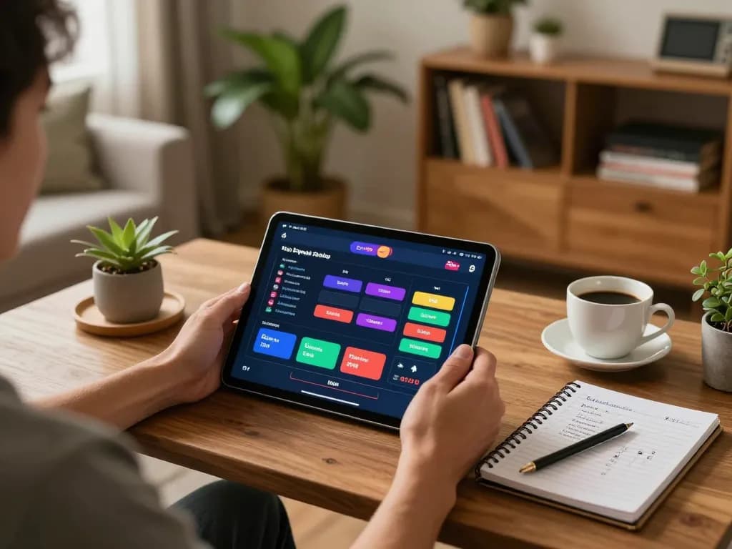 Engaging in kèo nhà cái 5 sports betting at home, with tablet showing betting options and strategy notes