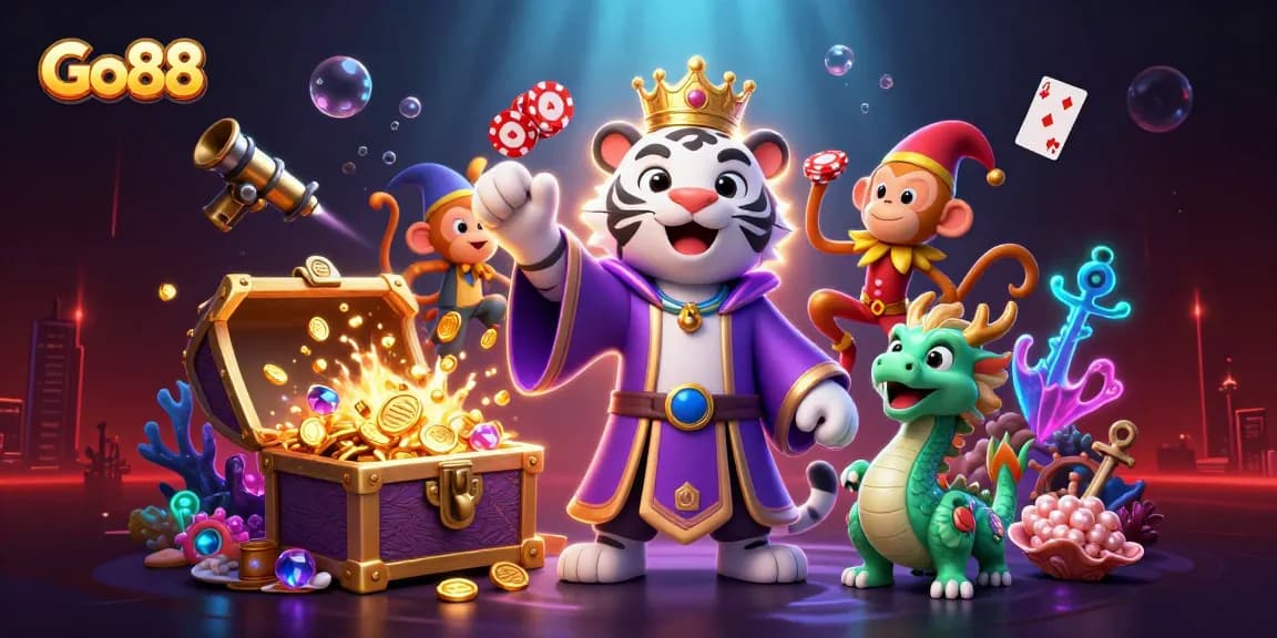Go88 offers thrilling casino experiences with a whimsical illustration of characters amidst vibrant gambling elements.