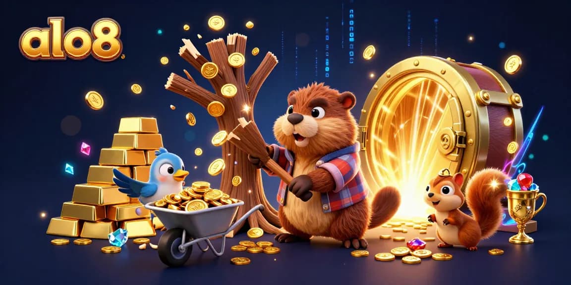 Engage with gaming excitement at alo8, where coins rain down from a tree in a vibrant 3D casino scene.