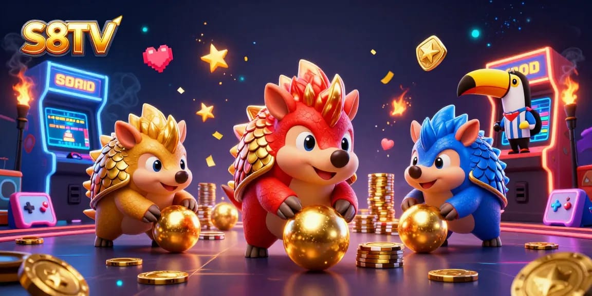 S8TV engages players with thrilling pangolin competition amidst casino elements and arcade excitement.