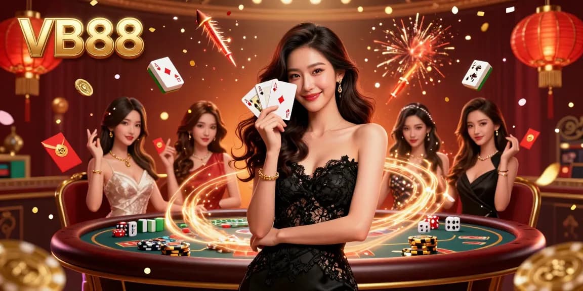 Experience thrilling wins with VB88 in an elegant casino scene filled with vibrant chips and fireworks.
