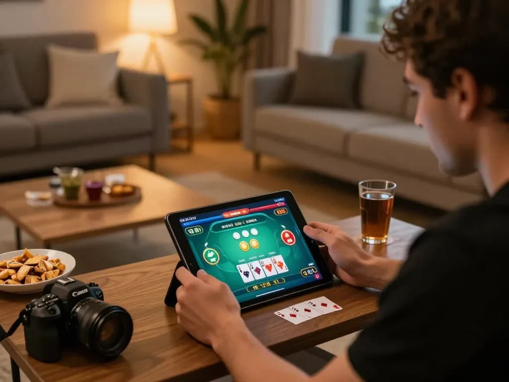 Player enjoying a Blackjack game on 98win tablet, focused on strategic betting decisions.