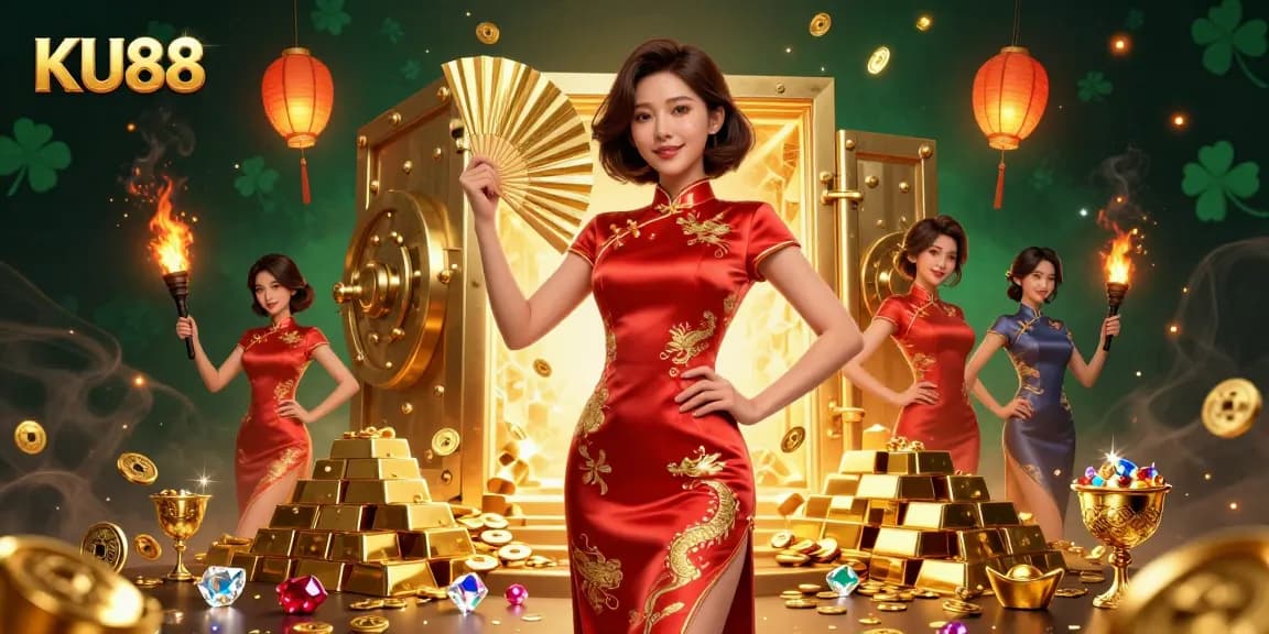 Experience thrilling gaming at KU88 with vibrant visuals of a confident Asian woman amid gold and lucky symbols.