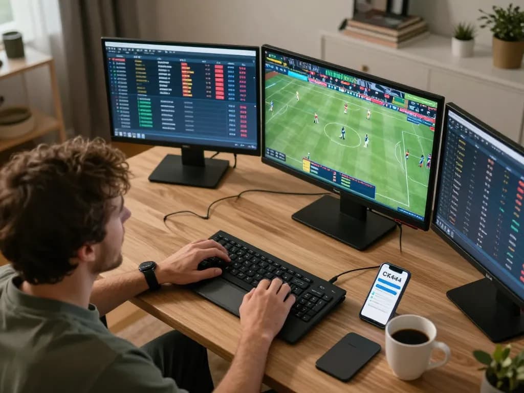 Engaged player using CK444 app for sports betting analysis in a cozy home office.