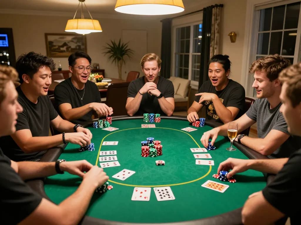 Kuwin players enjoying a home poker game night with colorful chips and cards.
