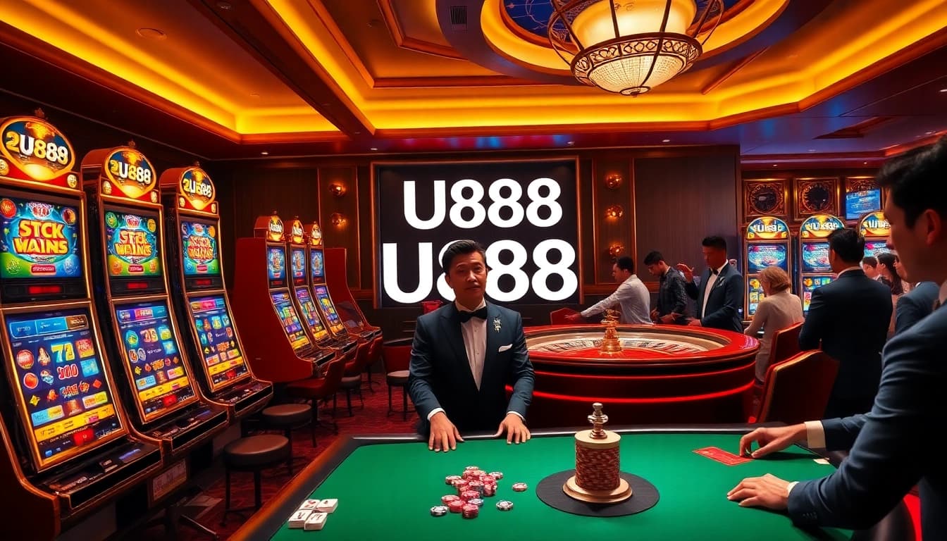 U888 online casino scene with vibrant slot machines, poker chips, and a roulette wheel driving excitement.