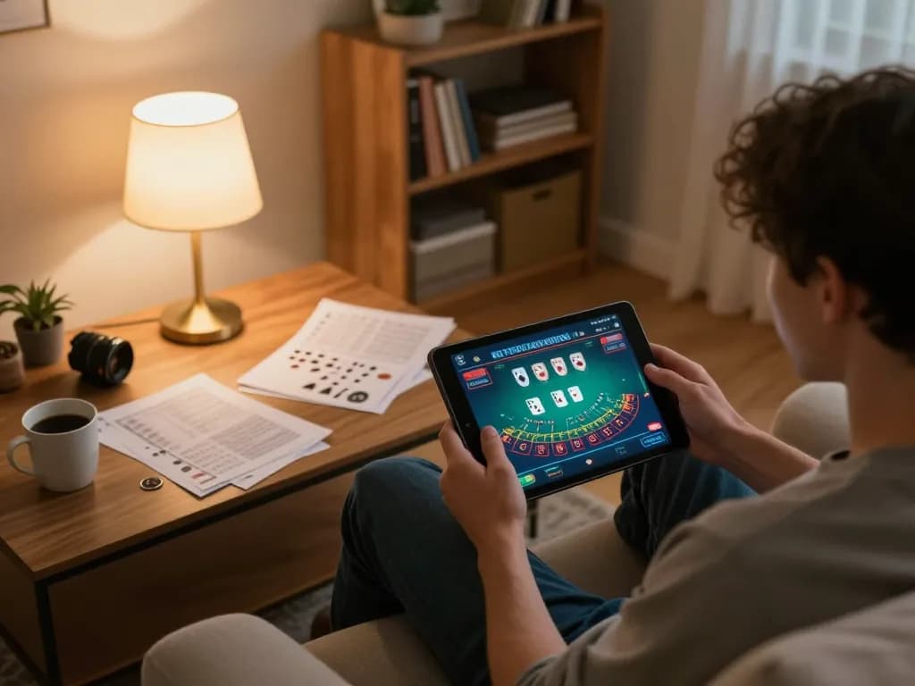 Engaged player using a tablet for online gaming at https://w188.bid/ with strategic notes nearby, cozy home atmosphere.