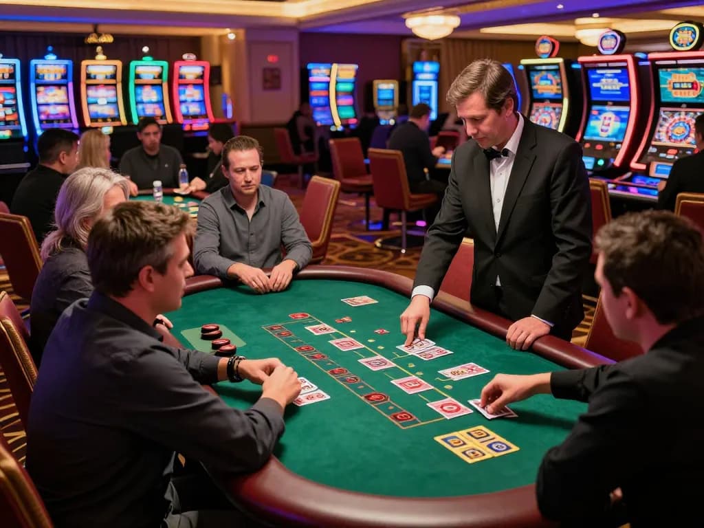 Engaged players at a blackjack table in a vibrant casino, showcasing the excitement of gambling at nhacaiuytin44.