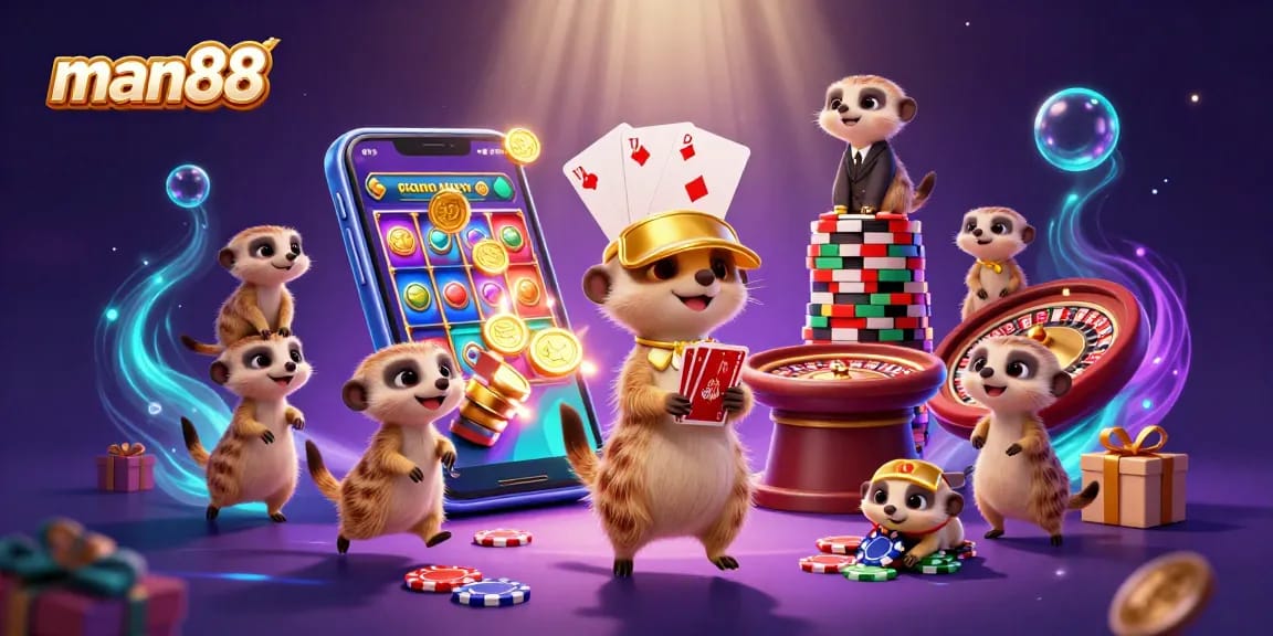 Experience the excitement of man88 with meerkats operating a vibrant casino in a colorful 3D illustration.