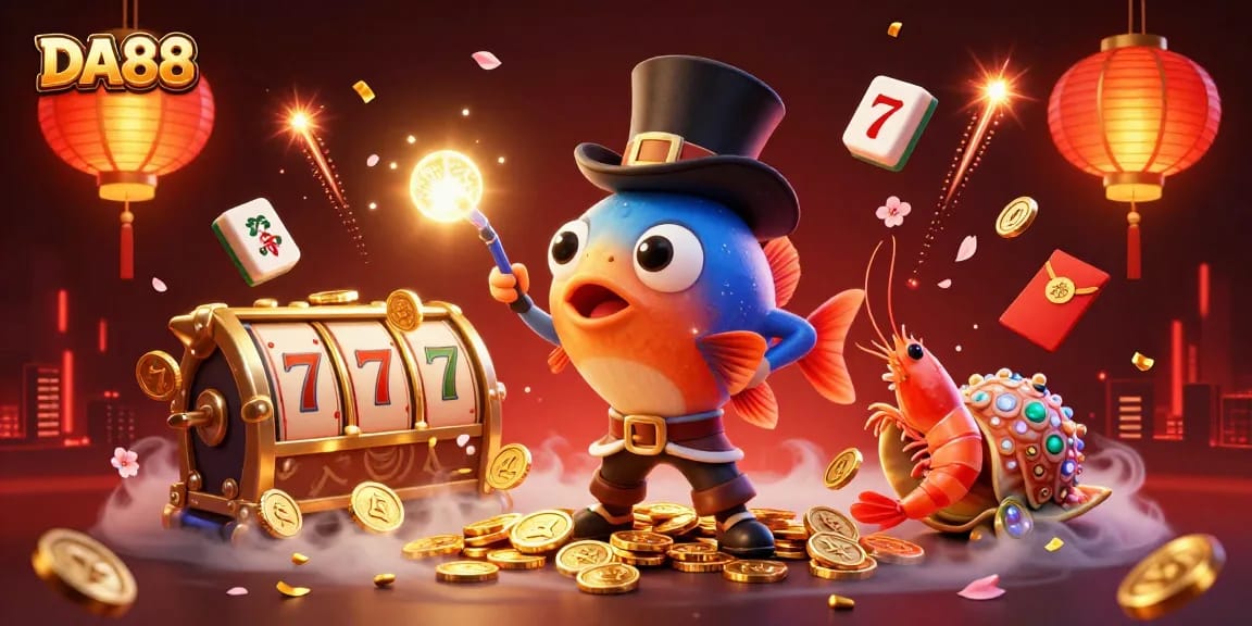Experience the thrill of DA88 with glowing coins and gaming symbols in a vibrant underwater scene.