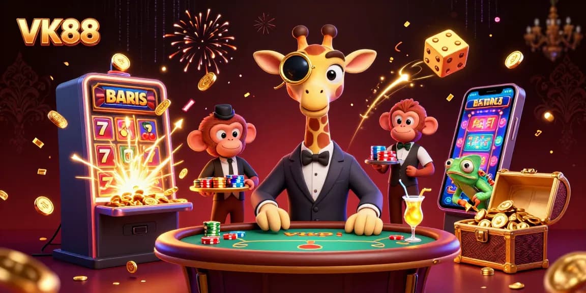 Experience the excitement of VK88 with high-roller characters in a vibrant casino scene.