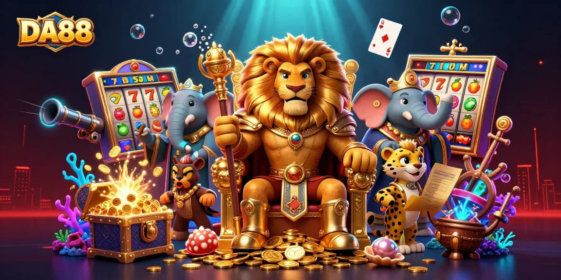 DA88 showcases a vibrant casino scene with engaging characters and dynamic online gambling elements for excitement.