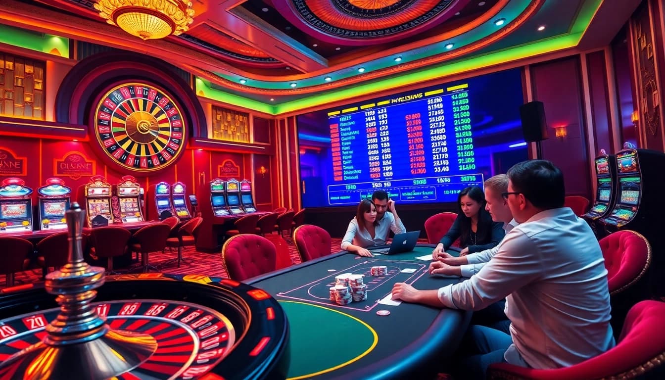Kryptovalutakurser displayed on a digital board in an exhilarating casino with poker and roulette tables.
