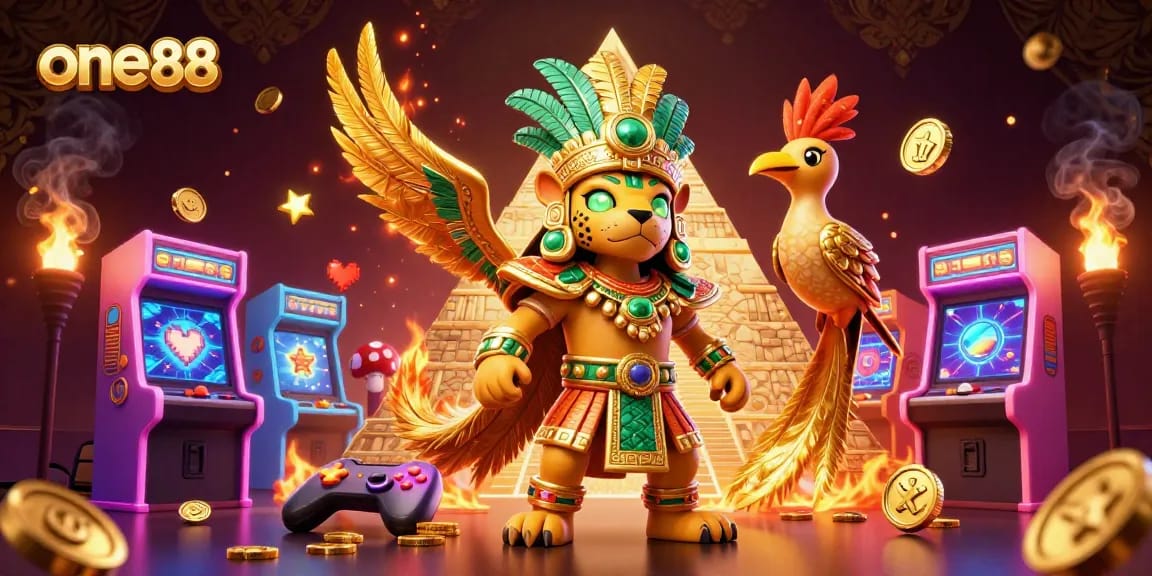 A vibrant one88 casino scene featuring a Mayan jaguar priest surrounded by gaming elements and golden decorations.