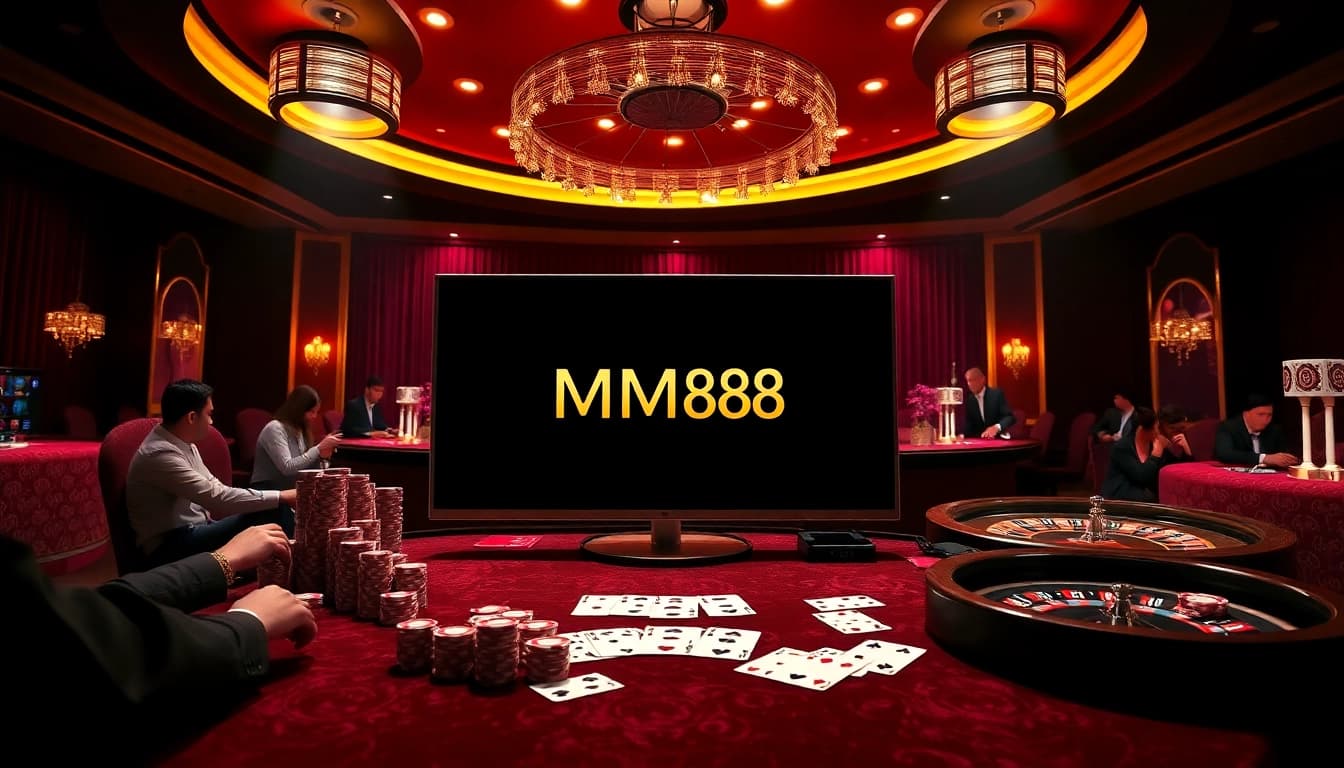 Exciting online gambling interface with "mm88 đăng nhập" surrounded by colorful poker chips and roulette wheels.