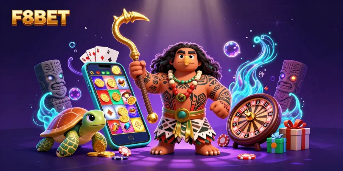 Experience F8BET's immersive casino adventure with vibrant characters, slot games, and rich visuals.