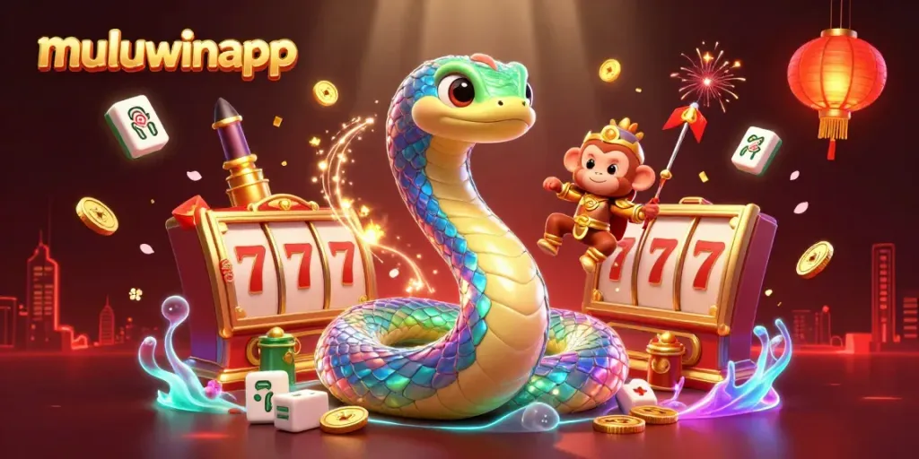 Win big with muluwinapp in a vibrant casino scene featuring playful characters and spinning slot machines.