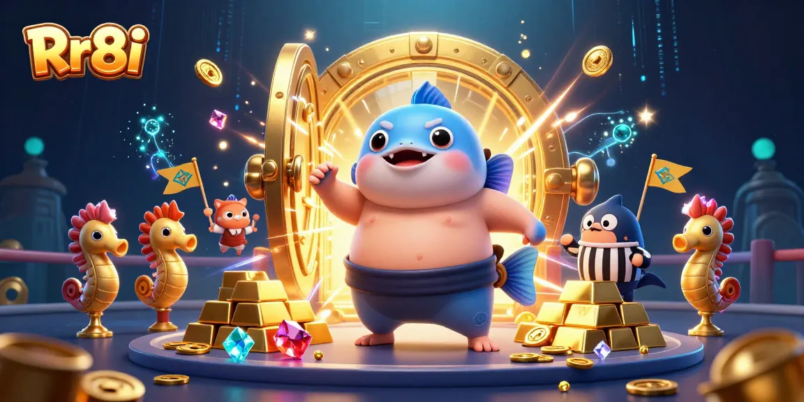Win big with Rr8i: 3D cartoon fugu in underwater casino scene surrounded by riches.
