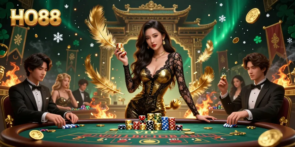 Engage with HO88 at a high-stakes baccarat table, winning golden casino chips amidst lavish surroundings.