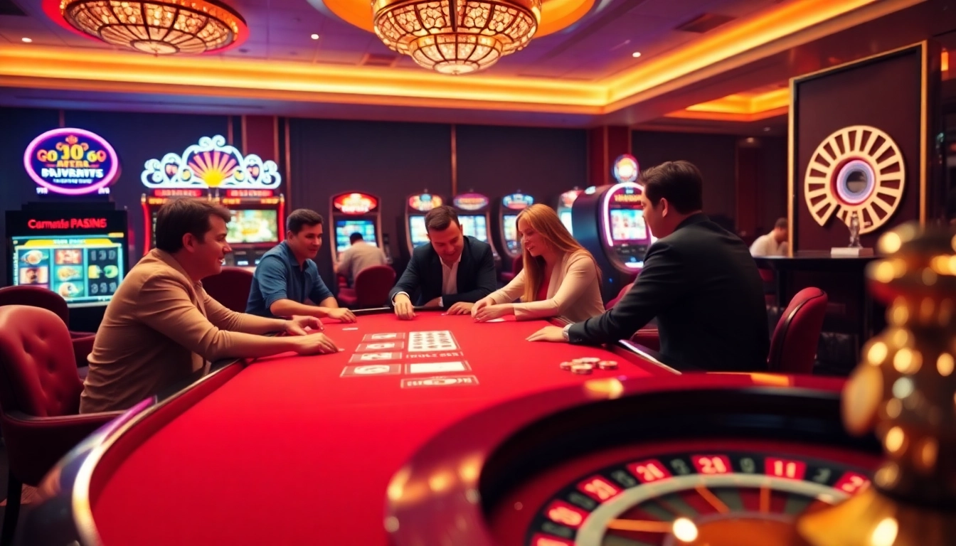 Engaging scene of enthusiastic gamblers at the luxurious casino https://oxbet.boo/ with poker and slot machines.