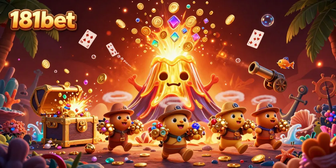 Experience thrilling wins with 181bet's golden volcano erupting treasures and excitement in this vibrant illustration.
