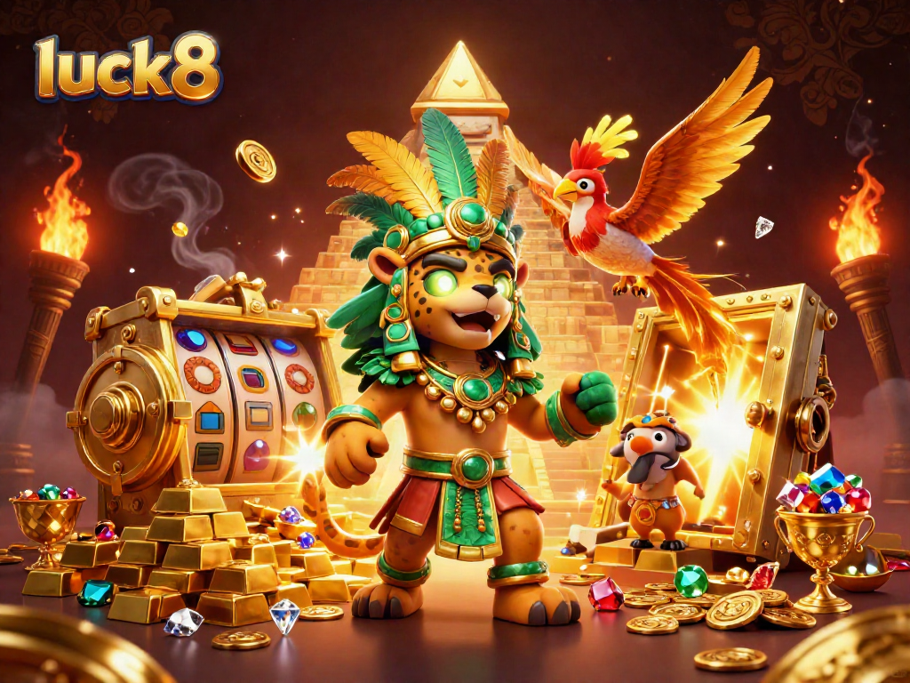 Experience luck8 with vibrant casino elements, including slot reels and golden treasures.