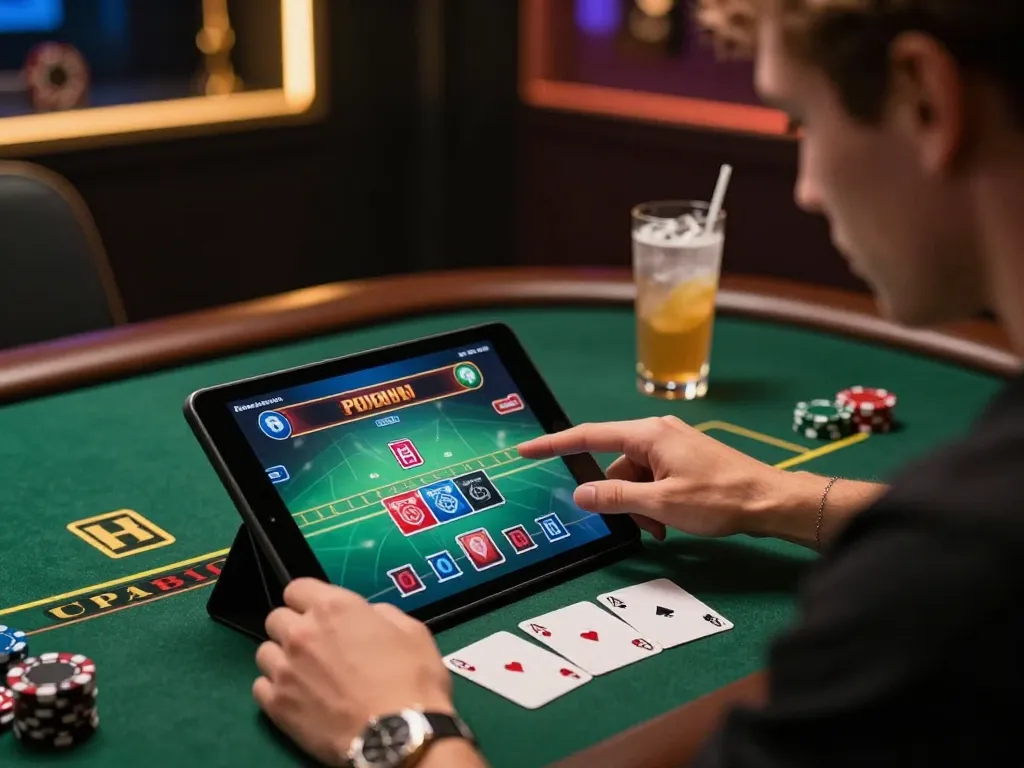 Engaged player in a stylish setting enjoying live blackjack on their tablet while focusing on fc88k.