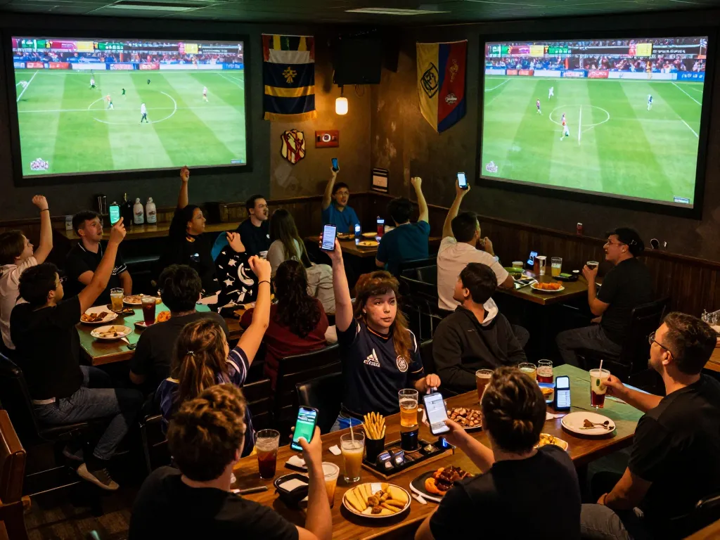Socolive xem bong da with fans cheering in a lively sports bar, showcasing live match excitement and betting