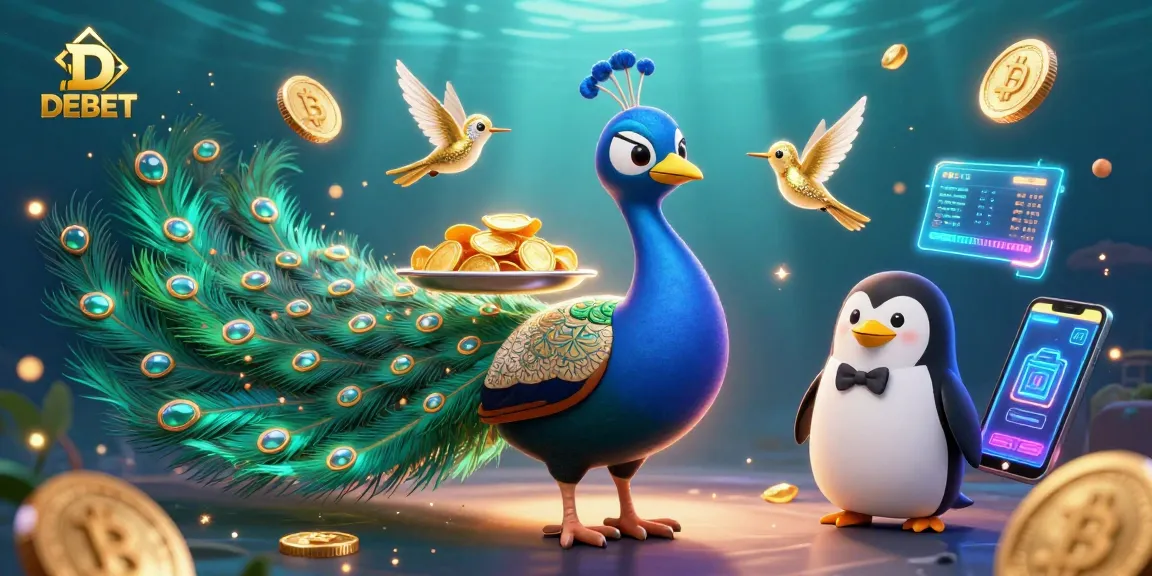 Experience DEBET's colorful casino scene with dynamic characters and glowing crypto elements.