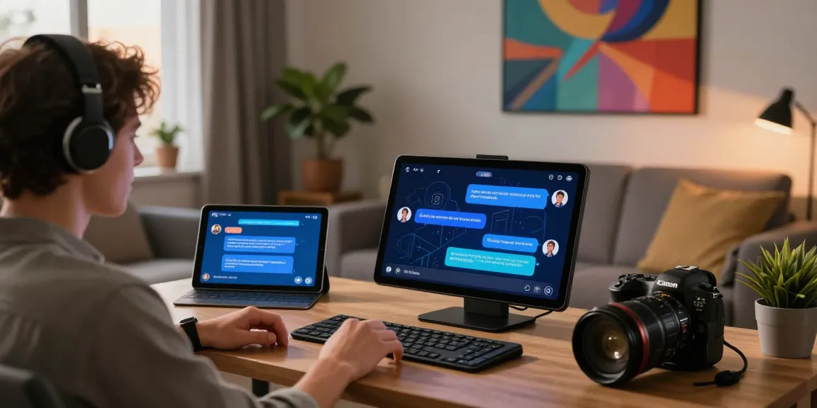 User interacting with an NSFW chat bot on a sleek touchscreen device in a cozy living room, showcasing modern tech and ambiance.