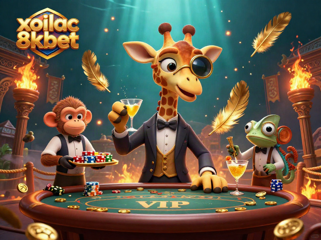Bettors experience excitement with xoilac 8xbet at a lively casino featuring vibrant characters and gold coins.