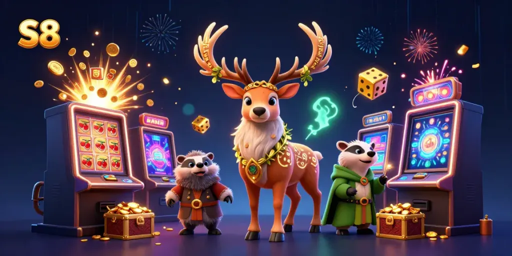 Engage in thrilling gambling experiences at S8, featuring a captivating jackpot scene with vibrant casino symbols.