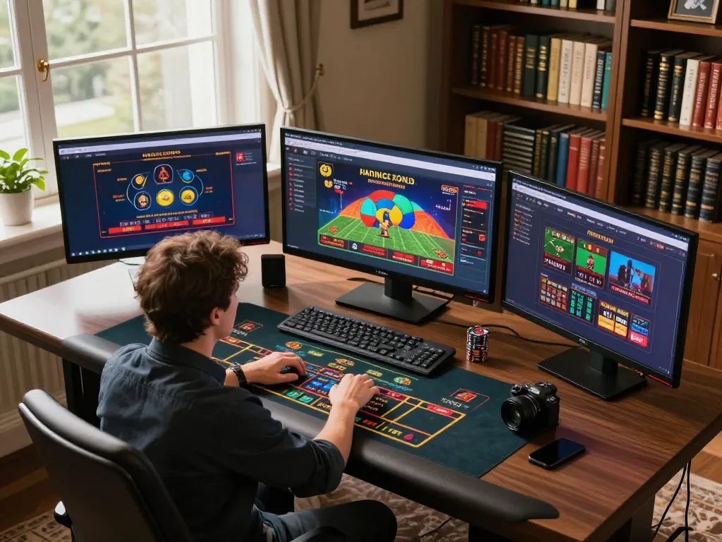Engaging analysis of online strategies for responsible gaming at https://mb66.golf/ with multiple screens displaying casino games.