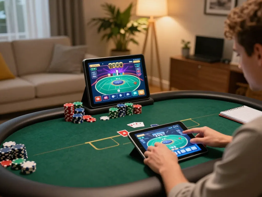 Engaging online poker action with fo88r in a cozy home setting, showing the player's focused strategy.