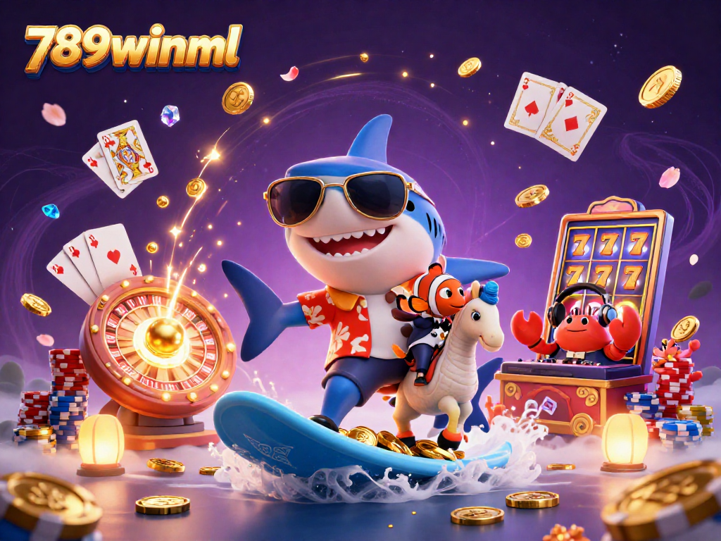 Experience the thrill of 789winml as a hammerhead shark surfs gold coins while party fish display vibrant charm.