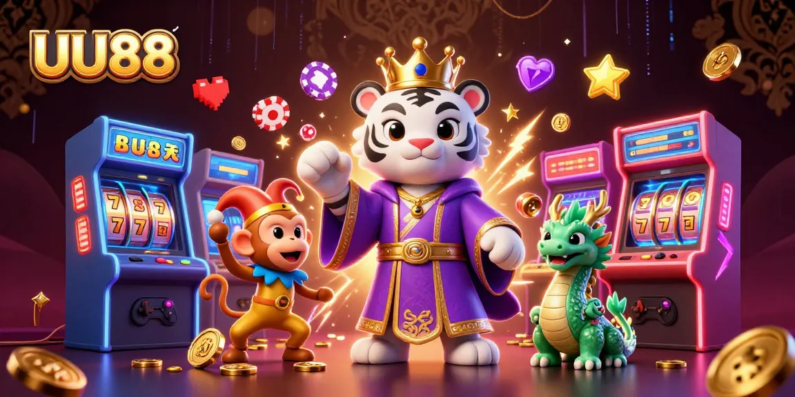 Experience the excitement of UU88 with vibrant casino characters and slot game elements.