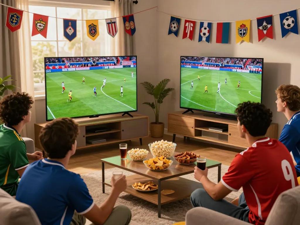 Friends enjoying live football on TV with snacks in cozy living room, showcasing the vibrant atmosphere of thập cẩm tv.