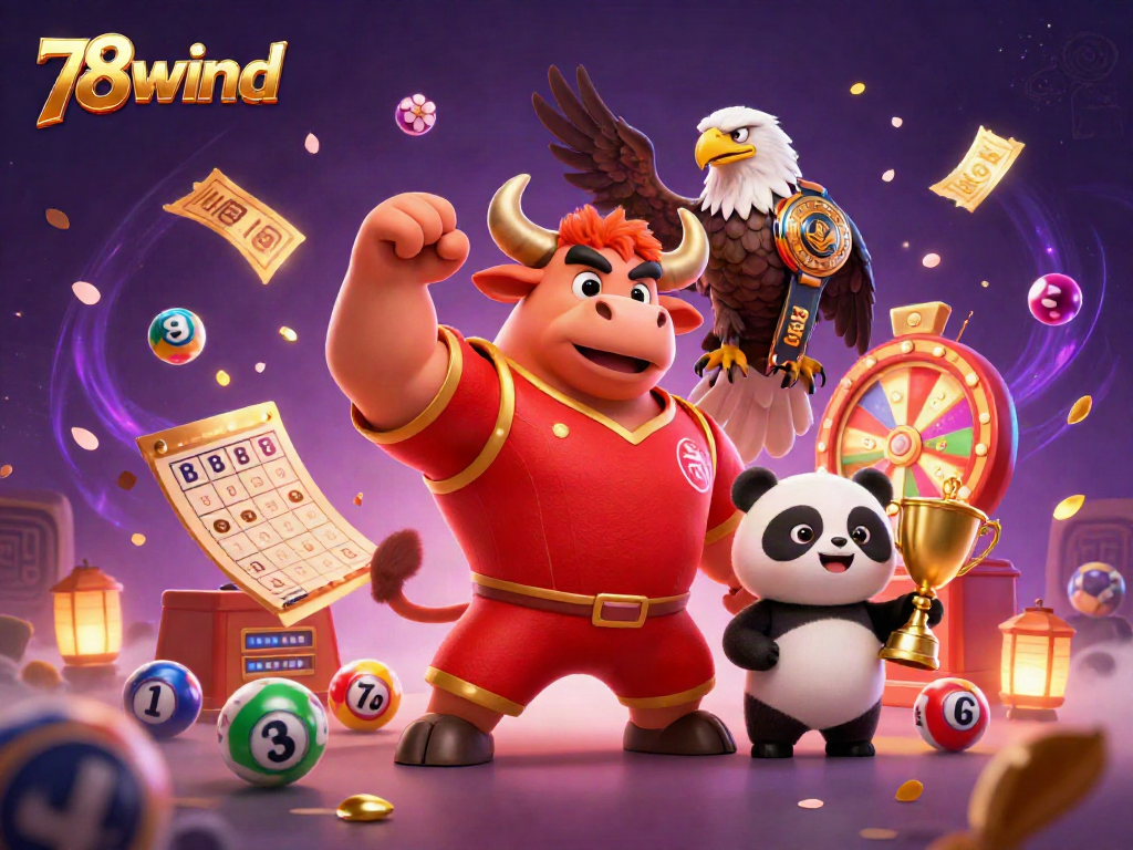 Engage in thrilling gameplay with 78wind featuring dynamic lottery balls and casino characters.