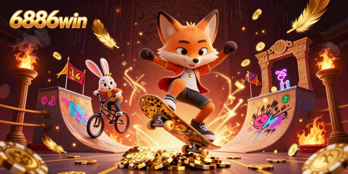 Engage in thrilling gambling action with 6886win featuring an energetic scene of a skateboarder fox and BMX rabbit in a casino-themed illustration.