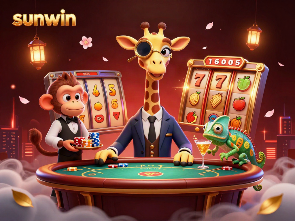 Join the sunwin experience with a high-roller giraffe at a VIP slot game, celebrating wins.