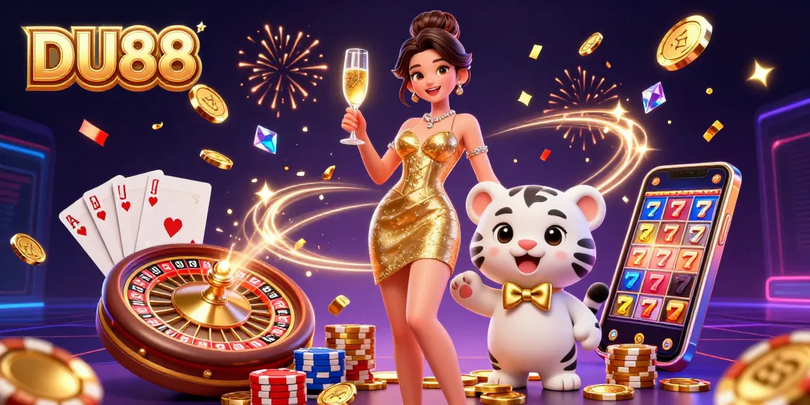 Experience the excitement of DU88 with a glamorous scene of a woman and a lucky tiger, surrounded by vibrant casino elements.