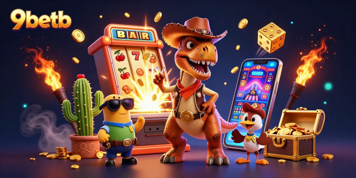 9betb showcases an exciting jackpot scene with a cowboy dinosaur and vibrant game elements in action.