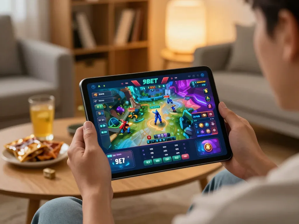 Enjoying the 9BET game on a tablet in a cozy home setting, showcasing vibrant graphics and gameplay.