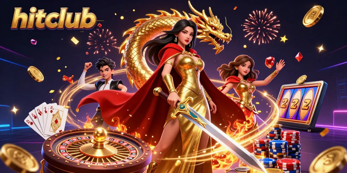 Spin your way to fortune with hitclub’s vibrant casino illustration, showcasing golden coins, a warrior queen, and festive celebrations.