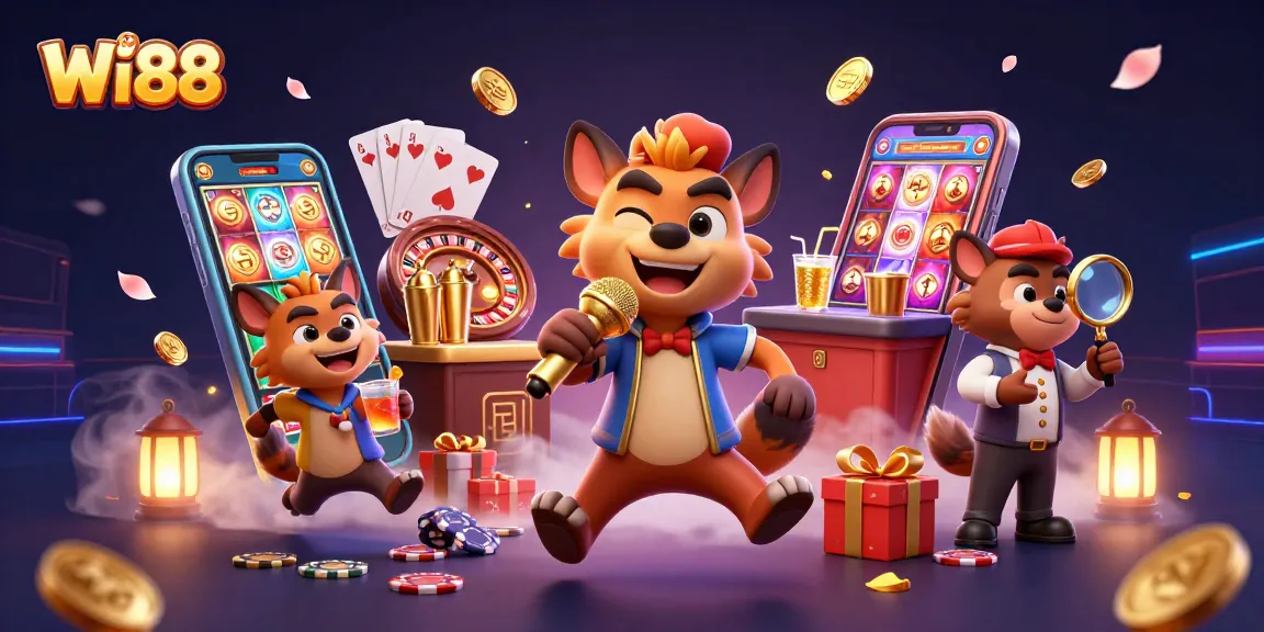 Engaging Wi88 casino scene with hyenas in action, showcasing comedy and excitement.